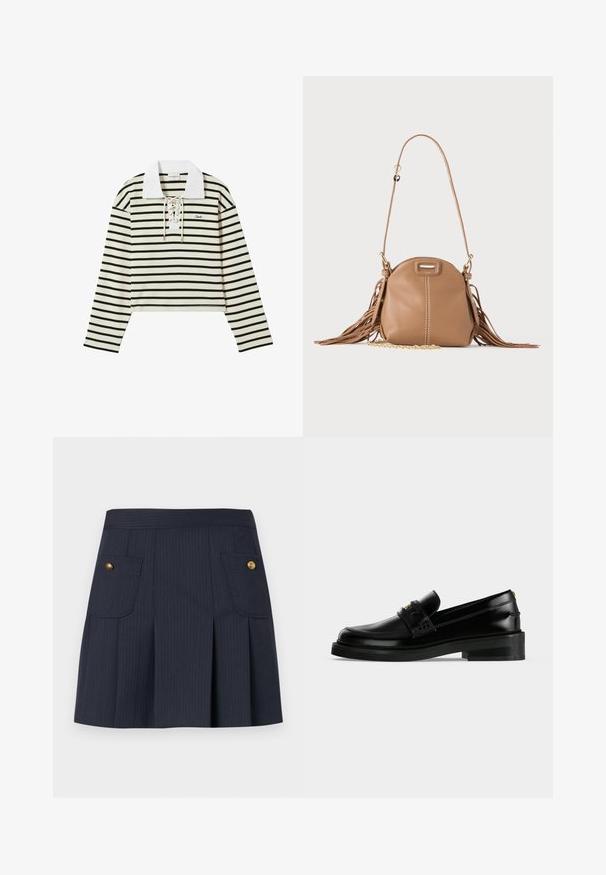 Top de manga larga a rayas en crema y negro, con un cuello blanco y un frente con cordones. Presenta un diseño corto y un pequeño logo en el lado izquierdo del pecho.; Falda azul marino oscuro con rayas a rayas, con pliegues delanteros y dos bolsillos con solapa con botones dorados a cada lado.; Mocasín de cuero negro pulido con tacón bajo de bloque, costura moc toe y una correa decorativa en la parte superior.; Pequeño bolso de cuero color cuero claro con correa larga, detalle de cadena dorada y flecos en ambos lados sobre un fondo neutro.