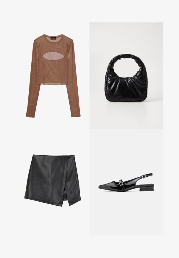 Haut court à manches longues en maille marron, avec un col rond et un détail découpé au niveau de la poitrine. Tissu léger avec une texture transparente.; Even&Odd by Zalando Minijupe - black; RAID RAMIA - Ballerines à brides arrière - black; Sac à main noir rembourré avec une poignée arrondie, présentant une surface lisse et brillante ainsi qu'une texture douce et matelassée. Pas de quincaillerie ou d'accents visibles.