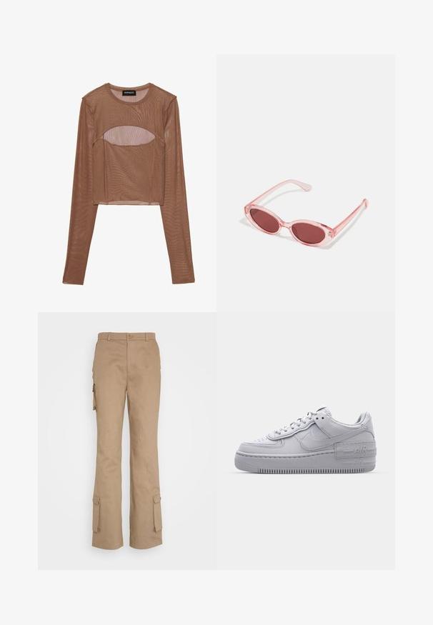 Barna hálós, hosszú ujjú crop top, kerek nyakkivágással és kivágással a mellrészén. Könnyű anyag, áttetsző textúrával.; Nicki Studios STRAIGHT POCKET PANTS - Oldalzsebes nadrágok - kahve; Szürke Nike Air Force 1 sneaker perforált orral, sima bőr felsőrésszel, vastag talppal, és dombornyomott 'AIR' részlettel a sarkán.; Rózsaszín, átlátszó napszemüveg ovális lencsékkel, sötétpiros árnyalattal és vékony karokkal, sima felülettel és diszkrét díszítéssel a kereten.