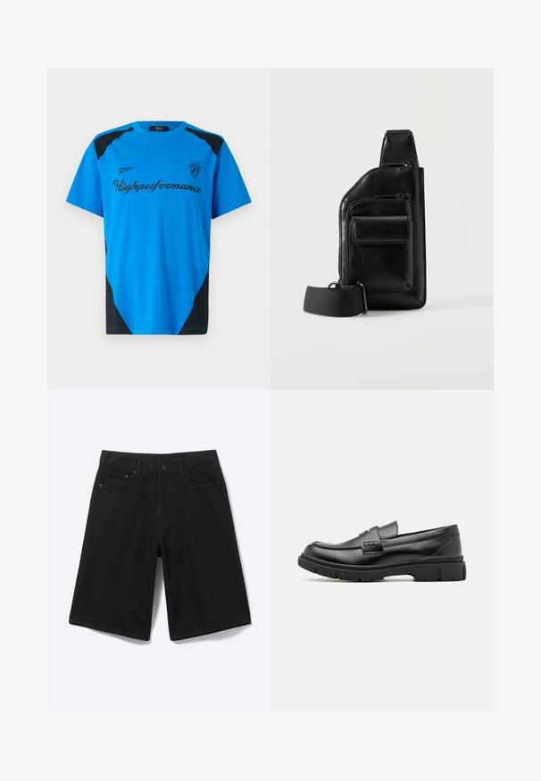 Replay SHORT SLEEVE GRAPHIC - T-shirt print - azzurro; Zwarte denim short tot op de knie met voorste knoop, riemlussen en vijf zakken, afgebeeld tegen een witte achtergrond.; Zwarte leren instapper met een brede band over de voet, rubberen zool met dikke noppen en een gladde textuur. Klassiek, strak ontwerp.; Zwarte leren crossbodytas met twee ritssluitingvakken, één voorvak met klep en verstelbare stoffen riem op witte achtergrond.