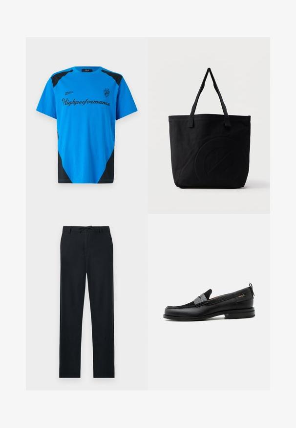 Replay SHORT SLEEVE GRAPHIC - T-shirt print - azzurro; Zwarte broek van een lichtgewicht materiaal, met een rechte snit, verstelbare trekkoord taille en twee zijzakken.; Zwarte leren loafer met grijs riemdetailelement, lage hak en gestructureerde zool, aan de zijkant gebrandmerkt met "HUGO" in goud.; Zwarte canvas tas met twee schouderbanden en een subtiel, ingebosseleerd cirkelvormig ontwerp aan de voorkant.