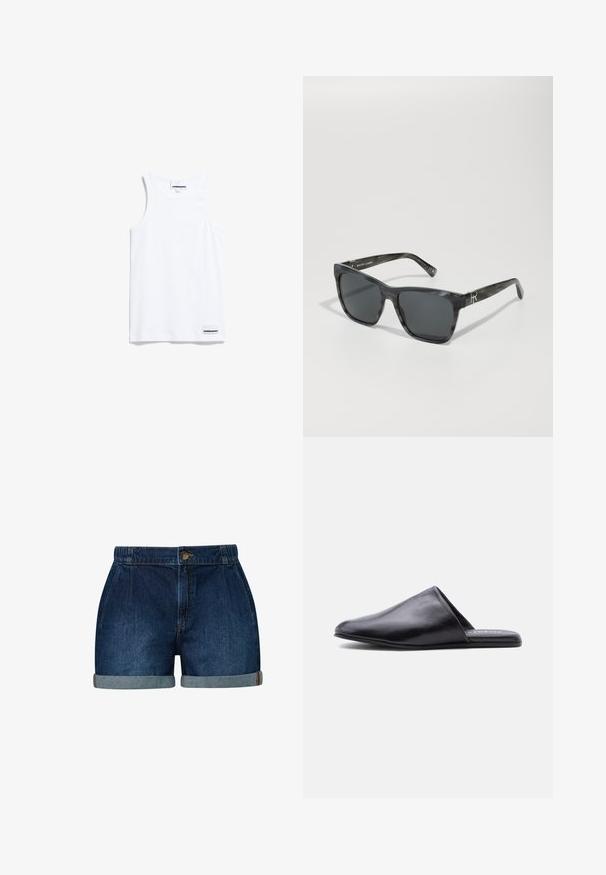 Weißes Tanktop aus Baumwolle. Verfügt über breite Träger und einen abgerundeten Halsausschnitt. Enthält ein kleines Markenlabel unten links.; Blaue Denim-Shorts mit umgeschlagenen Säumen, Knopfverschluss vorne, Seitentaschen und elastischem Bund auf weißem Hintergrund.; Schwarzer Leder-Slipper mit spitz zulaufender Vorderkappe und flacher Sohle, seitlich auf weißem Hintergrund gezeigt.; Schwarze rechteckige Sonnenbrillen mit getönten Gläsern. Aus Kunststoff gefertigt, mit einer dezenten marmorierten Textur. Logo-Detail am Schenkel.