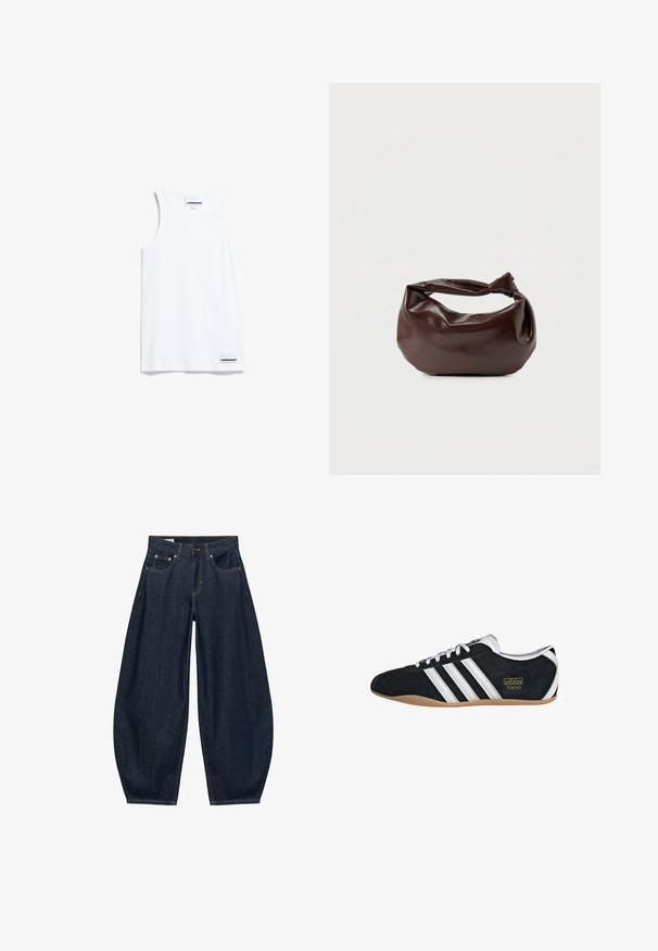 Weißes Tanktop aus Baumwolle. Verfügt über breite Träger und einen abgerundeten Halsausschnitt. Enthält ein kleines Markenlabel unten links.; Dunkelblaue Jeans mit weitem Bein, vorderen Taschen, Gürtelschlaufen und Knopfverschluss in der Taille.; Schwarze Wildledersneaker mit drei weißen Streifen, goldenem Logo und brauner Gummisohle. Merkmale ein niedrigprofiliertes Schnürdesign.; Dunkelbraune Lederschultertasche mit weicher, lockerer Form und einem gedrehten Knotengriff vor schlichtem weißem Hintergrund.