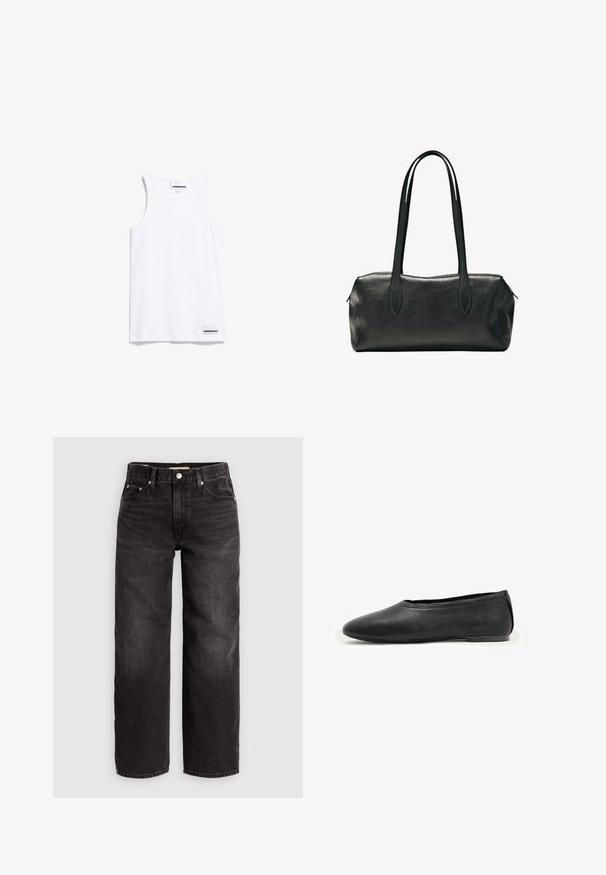 Witte tanktop gemaakt van katoen. Voorzien van brede schouderbanden en een ronde halslijn. Inclusief een klein merkje aan de onderkant links.; Levi's® BAGGY DAD - Baggy jeans - shrink up; Zwarte leren platte schoen met ronde neus en lage hak, ontworpen voor casual of formeel gebruik.; Zwarte rechthoekige leren handtas met twee lange schouderbanden en een ritssluiting aan de bovenzijde.