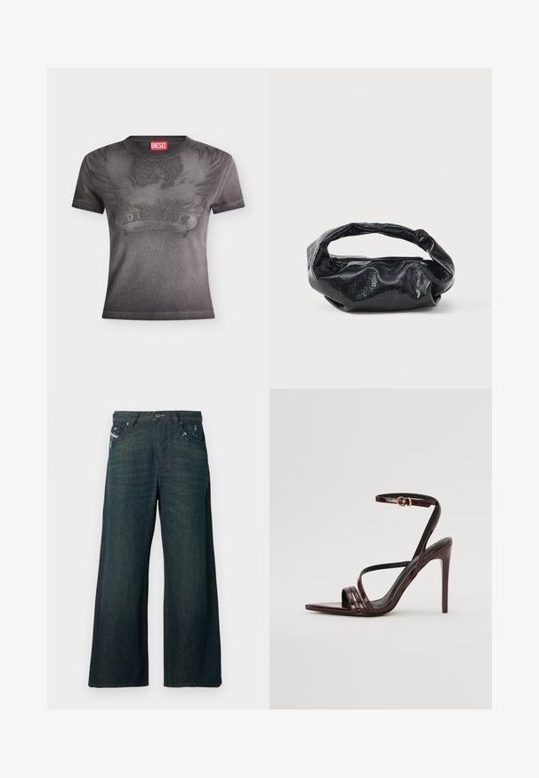 T-shirt noir Diesel à manches courtes avec un motif en relief d'aigle et de flammes ainsi qu'une étiquette rouge avec le logo Diesel au niveau du col.; Jean denim bleu foncé à jambes larges avec légère usure près des poches avant et fermeture standard par bouton et fermeture éclair.; Sandale à talons hauts en cuir verni bourgogne avec une bride de cheville, bout pointu et trois bandes horizontales sur le pied. Détail de boucle dorée.; Sac noir en matériau texturé et brillant avec une poignée circulaire torsadée et une fermeture éclair. Présente un design doux et froissé.
