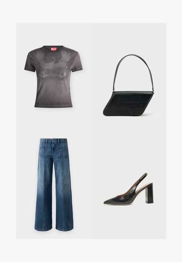 T-shirt noir Diesel à manches courtes avec un motif en relief d'aigle et de flammes ainsi qu'une étiquette rouge avec le logo Diesel au niveau du col.; Jeans évasés en denim bleu délavé. Comprend cinq poches, une fermeture à bouton et à fermeture éclair, avec des coutures apparentes et une coupe décontractée.; Chaussure slingback en cuir noir à bout pointu avec un talon bloc haut et une doublure intérieure beige sur un fond clair uni.; Sac d'épaule en cuir noir de forme triangulaire, avec un logo embossé et une seule bandoulière réglable. Design minimaliste avec une texture lisse.