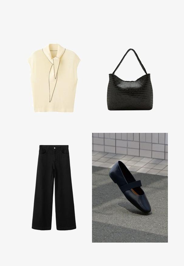Haut sans manches en maille jaune pâle avec un doux foulard à nouer. Présente un subtil contour noir, une coupe décontractée et une texture lisse.; Pantalon large en denim noir à taille haute, doté de poches avant, d'une fermeture à boutons et d'une texture lisse sans usure apparente.; Chaussure plate en cuir noir avec un bout arrondi, dotée d'une douce sangle élastique noire sur le cou-de-pied. Texture lisse et design minimaliste.; Sac bandoulière en cuir noir tressé avec une lanière unique tressée et une forme douce et rectangulaire arrondie.