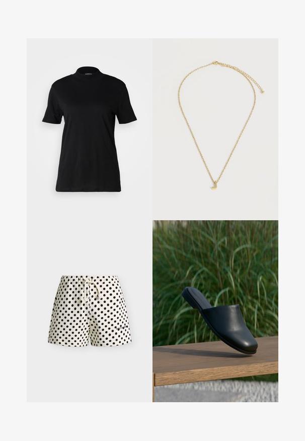Camiseta negra de manga corta con un cuello alto, hecha de tela de algodón suave. Diseño simple sin patrones ni gráficos visibles.; Pantalones cortos blancos con lunares negros, cintura elástica con cordón blanco y un pequeño logo de texto negro en la pierna izquierda.; Zapato mule negro de piel sin cordones flotando sobre un banco de madera con hierba alta y verde al fondo.; Collar de cadena de oro con un pequeño colgante dorado en forma de letra "J" y cierre ajustable sobre fondo blanco.