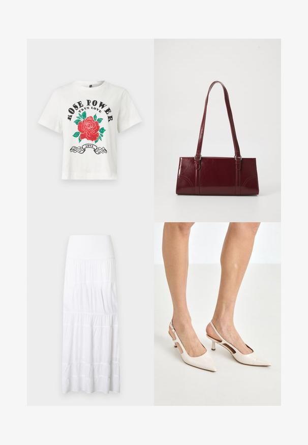 Λευκό βαμβακερό t-shirt με κοντά μανίκια, στρογγυλή λαιμόκοψη και γραφικά μπροστά ενός κόκκινου τριαντάφυλλου με πράσινα φύλλα και το κείμενο "ROSE POWER TRUE LOVE" σε μαύρο χρώμα.; Λευκή μακριά φούστα με επίπεδα, φτιαγμένη από ελαφρύ ύφασμα. Διαθέτει ελαστική μέση και διακριτική υφή με οριζόντιες ραφές.; Μπεζ παπούτσια με λουστρίνι, τύπου slingback, με μυτερή μύτη και τακούνι 5 εκ., που διαθέτουν κομμένες πλευρές και λεπτό λουράκι στον αστράγαλο.; Μπορντό τσάντα ώμου από γυαλιστερό υλικό, ορθογώνιο σχήμα, με δύο ιμάντες ώμου και λεπτές καμπύλες λεπτομέρειες στο μπροστινό μέρος.