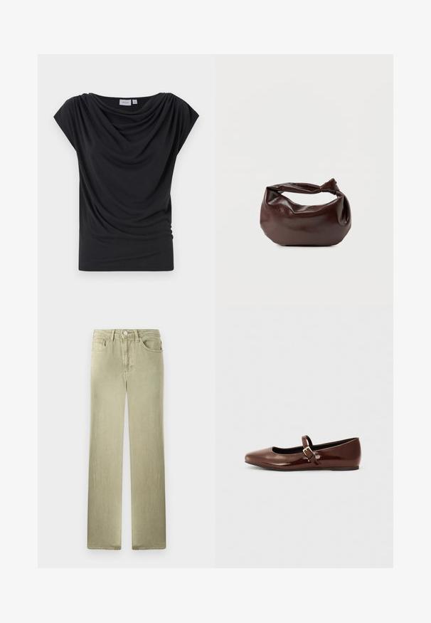 Schwarzes, drapiertes T-Shirt aus weichem Stoff, mit weitem Ausschnitt und kurzen, angeschnittenen Ärmeln. Sanfte Textur mit gerafften Details an der Vorderseite.; Beige Jeans mit geradem Bein, Vorder- und Gesäßtaschen, Knopf- und Reißverschluss, vor weißem Hintergrund präsentiert.; Braune Lackleder-Ballerinas mit quadratischer Zehenform und Riemen mit einer kleinen goldenen Schnalle. Glatte Textur, niedriger Absatz und minimalistisches Design.; Dunkelbraune Lederschultertasche mit weicher, lockerer Form und einem gedrehten Knotengriff vor schlichtem weißem Hintergrund.