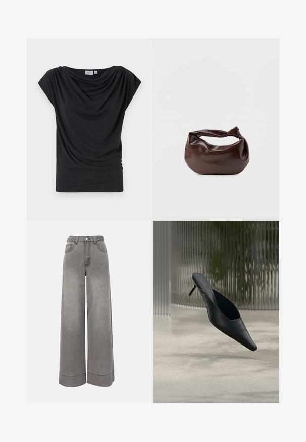 Zwarte hangende t-shirt van zachte stof, met een ruime halslijn en korte cap mouwen. Glad textuur met geraffineerde details aan de voorkant.; Grijs denim broek met hoge taille, brede pijpen, gevlochten riem, voorzakken, knoopsluiting en omslagzomen.; Zwarte mule met puntige neus en dunne hoge hak, die boven een gladde betonnen vloer zweeft, met een wazige verticale gestreepte achtergrond.; Donkerbruine leren schoudertas met een zachte, slungelige vorm en een gedraaide knoopvormige handgreep op een effen witte achtergrond.