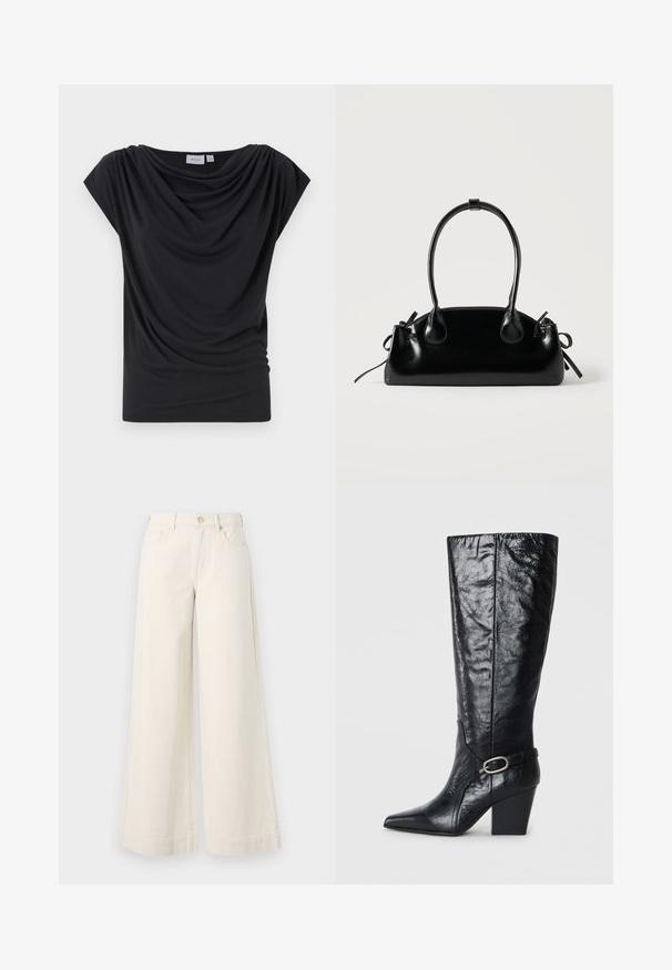 Schwarzes, drapiertes T-Shirt aus weichem Stoff, mit weitem Ausschnitt und kurzen, angeschnittenen Ärmeln. Sanfte Textur mit gerafften Details an der Vorderseite.; Weite, hellbeige Jeanshose mit hoher Taille, zwei vorderen Taschen, Knopfverschluss und dezenten Nähten.; Schwarze kniehohe Stiefel aus glänzendem Leder, mit einer spitzen Zehe, strukturierter Form und einem dekorativen Riemen mit einer silbernen Schnalle.; Kleine schwarze glänzende Handtasche mit zwei langen Griffen und seitlichen Kordelzug-Details vor einfachem hellem Hintergrund.
