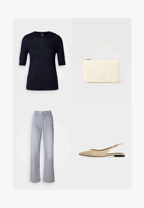 Marineblå kortærmet sweater lavet af let strikket stof. Har en rund halsudskæring og ribbede kanter for en tætsiddende look.; Lys grå vidde jeans med høj talje, lavet af denim. Har forlommer, lynlås og subtil falmen over det hele.; Beige spids tå slingback flad sko med lav sort hæl og en glat læderfinish, vist fra siden på en ensfarvet baggrund.; Kremfarvet rektangulær håndtaske med en enkelt rem og lynlås øverst, med en lille præget logo-plakette foran.
