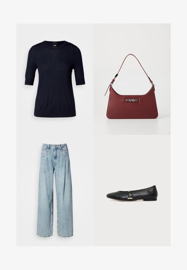 Navyblaues Kurzarm-Pullover aus leichtem Strickstoff. Mit Rundhalsausschnitt und geripptem Saum für eine schmale Passform.; Helle blaue, hoch taillierte, weit geschnittene Jeans mit Fronttaschen, Knopfverschluss und Gürtelschlaufen vor einem schlichten weißen Hintergrund.; Schwarzer Leder-Ballerina mit kleinem goldfarbenem Metall-Pferdebit-Detail an der Seite und flacher Sohle.; Kleine rechteckige burgunderfarbene Lederhandtasche mit verstellbarem Riemen und silberner "HUGO"-Logoplatte auf der Vorderseite.