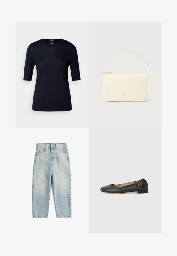 Navyblaues Kurzarm-Pullover aus leichtem Strickstoff. Mit Rundhalsausschnitt und geripptem Saum für eine schmale Passform.; Hellblaue Jeans aus Denim mit hoher Taille, geradem Bein, verblasstem Design und fünf Taschen, ausgestattet mit einem Knopf- und Reißverschluss.; Schwarz Leder Ballerinas mit runder Zehenpartie und minimaler Naht. Niedriger, rechteckiger Absatz und glatte Textur. Dezente Innenfutterdetails.; Rechteckige Handtasche in Cremefarbe mit einem einzelnen Trageriemen und Reißverschluss oben, ausgestattet mit einer kleinen, geprägten Logoplakette vorne.