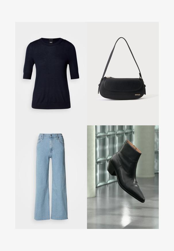 Navyblaues Kurzarm-Pullover aus leichtem Strickstoff. Mit Rundhalsausschnitt und geripptem Saum für eine schmale Passform.; Hellblaue weite Jeans aus Denim, mit einer enganliegenden Taille, Fünf-Taschen-Design und dezenten Nähdetails.; Schwarzer Leder-Stiefelette mit spitzer Schuhspitze und Blockabsatz, der über einem reflektierenden grauen Boden nahe einer Glassteinwand schwebt.; Schwarze Lederschultertasche mit geschwungener Klappe, goldenem "HUGO" Logo auf der Vorderseite und einem verstellbaren Riemen.