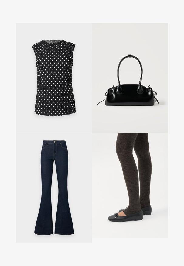 Blouse noire sans manches à pois blancs, col rond haut et bords légèrement ondulés au col et à l'ourlet.; Jean en denim bleu foncé taille haute avec jambes évasées, bouton et zip à l'avant, et conception à cinq poches.; Jambes portant des leggings côtelés foncés associés à des ballerines noires avec de petits détails en nœud sur fond blanc.; Petit sac à main noir brillant avec deux longues anses et des détails à cordon sur les côtés sur un fond clair uni.