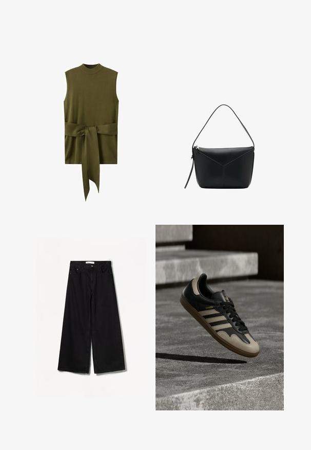 Haut sans manches en maille vert olive avec col montant et large ceinture nouée à la taille.; Jean large noir en denim. Doté d'une taille haute, de poches avant et arrière, et d'un matériel argenté sur le bouton et la fermeture éclair.; Baskets en cuir noir et beige avec trois bandes blanches, semelle en caoutchouc beige et détail en or "Samba" sur le côté.; Sac à bandoulière en cuir noir avec une sangle fine, une fermeture éclair dorée et un détail de couture subtile formant un motif triangulaire à l'avant.