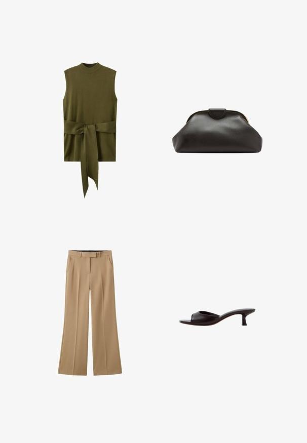 Haut sans manches en maille vert olive avec col montant et large ceinture nouée à la taille.; Pantalon beige à jambes larges avec passants de ceinture, poches avant et fermeture avant dissimulée, présenté sur un fond blanc.; Sandale mule noire à bout ouvert avec un talon bas courbé et une tige en cuir lisse sur fond blanc.; Pochette en cuir noir souple avec un cadre arrondi et une petite fermeture à languette en haut au centre.