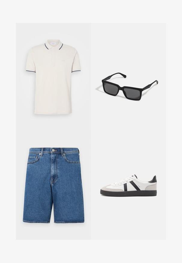 Polo crème avec une patte de boutonnage à trois boutons, manches courtes, et accents de col et de manches bleu marine. Tissu en mélange de coton doux.; Shorts en denim d'une teinte bleu moyen, avec un design classique à cinq poches, des accents cousus et une silhouette à coupe droite.; Baskets blanches avec des accents noirs et gris, présentant un embout texturé gris, une semelle en caoutchouc noir et des lacets plats blancs. Design épuré, style minimaliste.; Lunettes de soleil noires avec des verres rectangulaires, finition mate, épaisses montures et branches fines comprenant un subtil détail de marque.