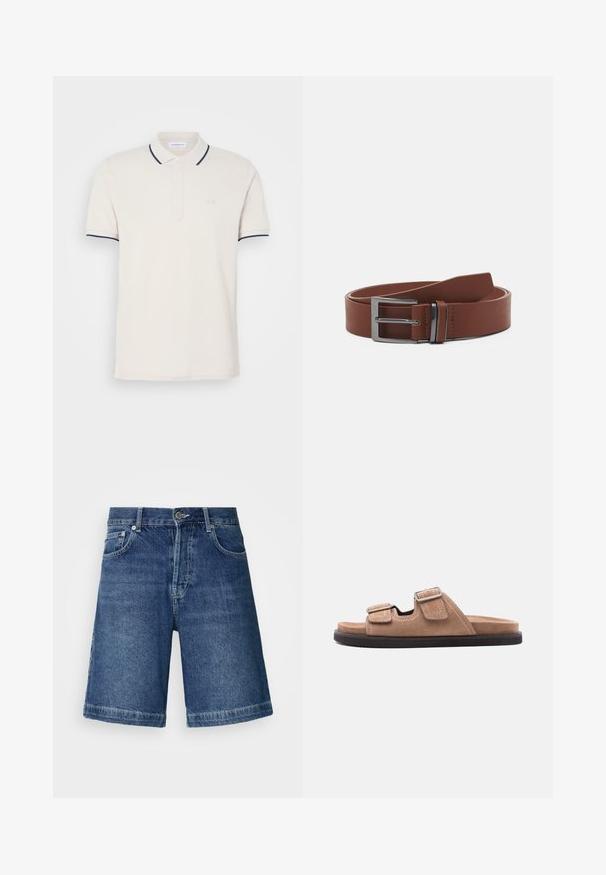 Polo crème avec une patte de boutonnage à trois boutons, manches courtes, et accents de col et de manches bleu marine. Tissu en mélange de coton doux.; Shorts en denim bleu foncé, présentant une coupe droite, un design à cinq poches et un ourlet cousu. Comprend une fermeture à bouton et un zip à l'avant.; Sandale à glissière en suède marron avec semelle noire, présentant deux brides ajustables avec boucles et détail de couture blanche, vue latérale sur fond blanc.; Ceinture en cuir marron avec une texture lisse, dotée d'une boucle en métal argenté et d'un design minimaliste. La ceinture a une extrémité arrondie et des coutures précises.