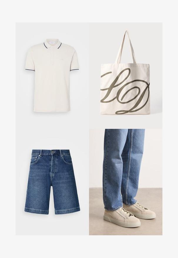 Cremfarbendes Polo-Shirt mit einer Knopfleiste mit drei Knöpfen, kurzen Ärmeln und Akzenten in Marineblau an Kragen und Ärmeln. Weicher Baumwollmischstoff.; Dunkelblaue Denim-Shorts mit geradem Schnitt, fünf Taschen und gesticktem Saum. Enthält einen Frontknopf und einen Reißverschluss.; BOSS GARYTENN_SDHDEL - Sneaker low - natural ten; Leinene Tragetasche in hellem Creme mit einem großen dunkelolivgrünen, geschwungenen "LD"-Design. Verfügt über zwei robuste Griffe zum Tragen.
