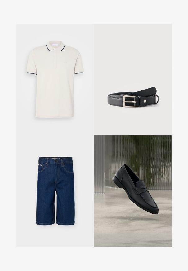 Camisa de polo crema con una tapeta de tres botones, mangas cortas y acentos en color azul marino en el cuello y las mangas. Tejido suave de mezcla de algodón.; Pantalones cortos vaqueros azul oscuro con bolsillos delanteros, presillas para cinturón, cierre de botón y costuras en contraste.; Zapato tipo mocasín de cuero negro con acabado liso, punta puntiaguda y detalles cosidos en la pala. Tacón bajo y diseño minimalista.; Cinturón de cuero negro con hebilla rectangular plateada enrollado sobre un fondo blanco liso.