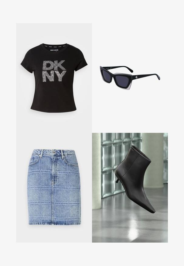 Camiseta negra de manga corta con un logo texturizado en plata metálica "DKNY" en el frente. Hecha de una tela suave con un cuello redondo.; Falda de denim en azul claro con un estampado de cuadros. Presenta una cintura alta, dos bolsillos frontales y detalles de costura a lo largo del dobladillo y las costuras.; Bota de cuero negro para el tobillo con puntera puntiaguda y tacón pequeño, exhibida frente a una pared de bloques de vidrio y un suelo pulido.; Gafas de sol negras de gran tamaño con una forma geométrica, que presentan lentes oscuros y un detalle gris contrastante en la montura. Logo en la pata.