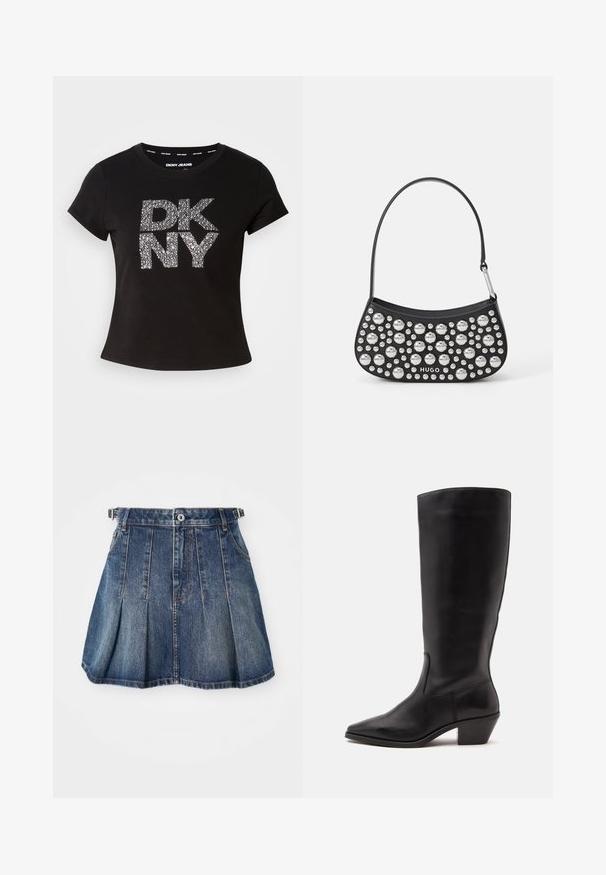 Camiseta negra de manga corta con un logo texturizado en plata metálica "DKNY" en el frente. Hecha de una tela suave con un cuello redondo.; Falda de mezclilla con un lavado azul oscuro, diseño plisado, cierre de botones y pasadores para cinturón. Cuenta con sutiles acentos de costura y bolsillos laterales.; Bota de cuero negra hasta la mitad de la pantorrilla con puntera puntiaguda y tacón bajo inclinado sobre un fondo claro y liso.; Bolso de mano de cuero negro con forma curva, adornado con tachuelas de plata de diferentes tamaños y una correa corta. Logo "HUGO" impreso en la parte frontal.