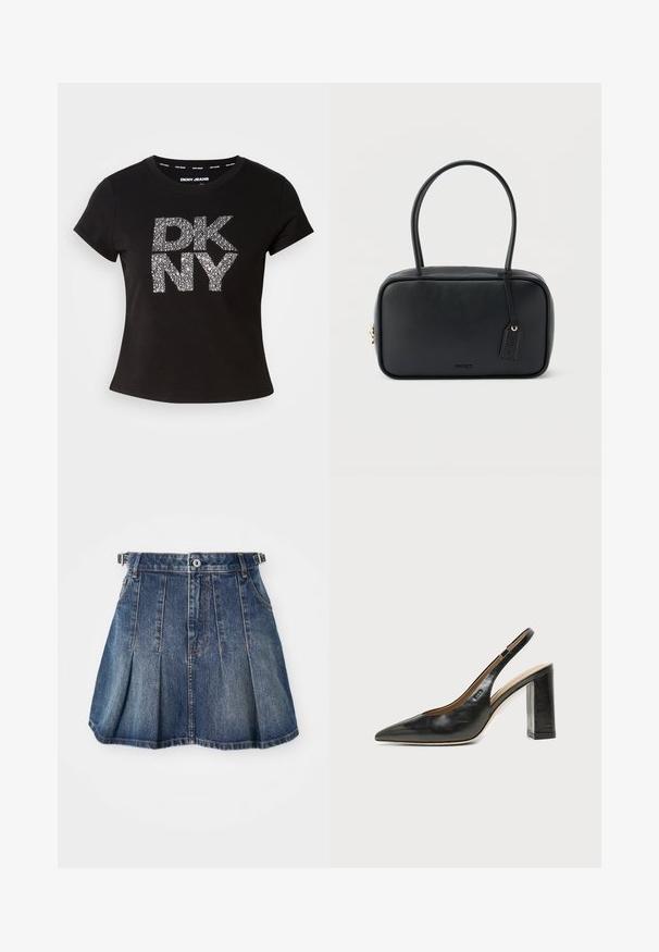Camiseta negra de manga corta con un logo texturizado en plata metálica "DKNY" en el frente. Hecha de una tela suave con un cuello redondo.; Falda de mezclilla con un lavado azul oscuro, diseño plisado, cierre de botones y pasadores para cinturón. Cuenta con sutiles acentos de costura y bolsillos laterales.; Zapato slingback de piel negra con puntera puntiaguda, tacón alto y ancho, y forro interior beige sobre un fondo claro y liso.; Bolso rectangular negro con asas dobles redondeadas, cremallera dorada y logo "HUGO" en relieve en el frente con etiqueta de cuero adjunta.