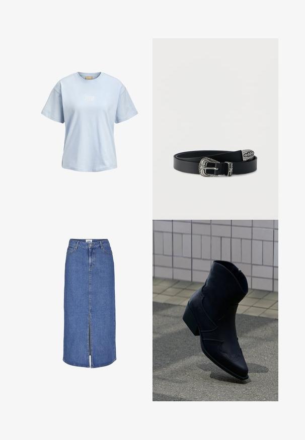 Ανοιχτό μπλε κοντομάνικο T-shirt με στρογγυλή λαιμόκοψη, με μικρό λευκό κείμενο "TENNIS COURT" στο κέντρο του στήθους.; Τζιν μίντι φούστα σε μεσαίο μπλε χρώμα με μπροστινή σχισμή, πέντε τσέπες και θηλάκια ζώνης. Κλασική γραμμή με λεπτομέρεια στο ακατέργαστο στρίφωμα.; Μαύρο δερμάτινο μποτάκι αστραγάλου με χαμηλό τακούνι, διακοσμητικές ραφές και μυτερή μύτη, τοποθετημένο όρθιο σε πλακόστρωτη επιφάνεια δίπλα σε τοιχο με πλακάκια.; Μαύρη δερμάτινη ζώνη με περίτεχνη ασημένια αγκράφα, θηλιά και άκρο που διαθέτουν λουλουδένιες και διακοσμητικές εγχάρακτες λεπτομέρειες, τυλιγμένη πάνω σε λευκό φόντο.