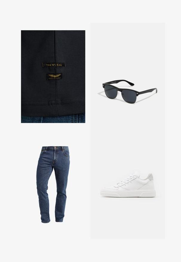 Schwarzes Baumwoll-T-Shirt mit glatter Textur. Verfügt über zwei Etiketten: "TYPE NO: C-46" und "AMERICAN CLASSIC" in Gelb auf dunklem Stoff.; Dunkelblaue Slim-Fit-Denim-Jeans mit fünf Taschen und Kupferknopfverschluss, auf weißem Hintergrund präsentiert.; Weiße Leder-Sneaker mit glatter Oberfläche, rundem Zehenbereich, flachen Schnürsenkeln und strukturiertem Schuhsohlen. Graues Wildleder-Detail an der Ferse.; Schwarze Sonnenbrille mit rechteckiger Form, dunklen Gläsern, silbernen Akzenten an den Bügeln und mattierter Oberfläche des Rahmens.