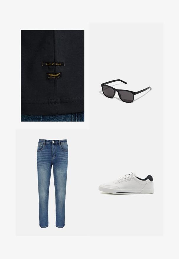 Schwarzes Baumwoll-T-Shirt mit glatter Textur. Verfügt über zwei Etiketten: "TYPE NO: C-46" und "AMERICAN CLASSIC" in Gelb auf dunklem Stoff.; Blaue gerade geschnittene Jeans mit vorderer Knopfleiste und Reißverschluss, Gürtelschlaufen sowie Vorder- und Gesäßtaschen.; Weiße Sneakers mit einem glatten synthetischen Obermaterial, runder Spitze, Schnürdesign, marineblauem Akzent an der Ferse und einer strukturierten Gummisohle mit einem schwarzen Streifen.; Schwarze rechteckige Sonnenbrille mit dunklen Gläsern. Aus Kunststoff gefertigt, mit geraden Bügeln und minimaler Markenkennzeichnung an der Seite.