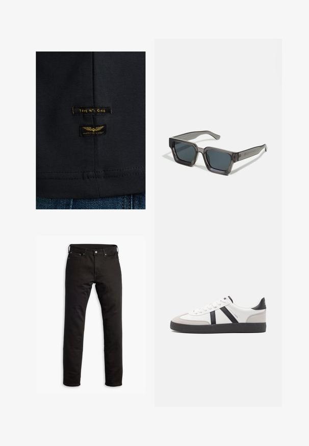 Camiseta de algodón negra con una textura suave. Presenta dos etiquetas: "TIPO NO: C-46" y "CLÁSICO AMERICANO" en amarillo sobre fondo oscuro.; Jeans de mezclilla negra con un diseño de pierna recta, bolsillos frontales y cierre de botón. La tela tiene una textura suave y un detalle mínimo.; Zapatilla blanca con acentos en negro y gris, que presenta una puntera texturizada en gris, suela de goma negra y cordones planos blancos. Diseño limpio, estilo minimalista.; Jack & Jones JACPETER SUNGLASSES UNISEX - Gafas de sol - grey