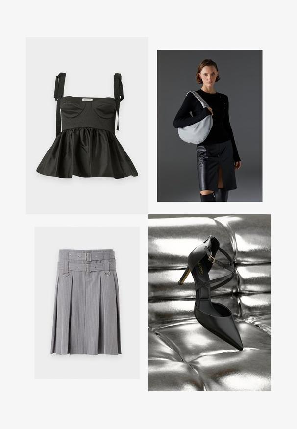 Must valge peplum top, millel on struktureeritud rinnaosa, südamekujuline kaelus, tekstuurne kangas ja reguleeritavad sidumisrihmad. Laienev seelik lisab volüümi.; Hall triibuline voltidega seelik topeltvöö ja hõbedaste pandlatega, mille vöökohal on D-rõnga aksendid.; Mustast nahast terava nina ja kõrge kontsaga king, millel on risti-krossiga rihmad ja kuldne pandla, asetatud läikivale hõbedasele pehmendatud pinnale.; Heleda kott heledates hallides, pehmest materjalist, ümar kuju. Stiliseeritud musta pikakä sleeve topi ja musta nahkse seeliku juurde, millel on ees lõhe.