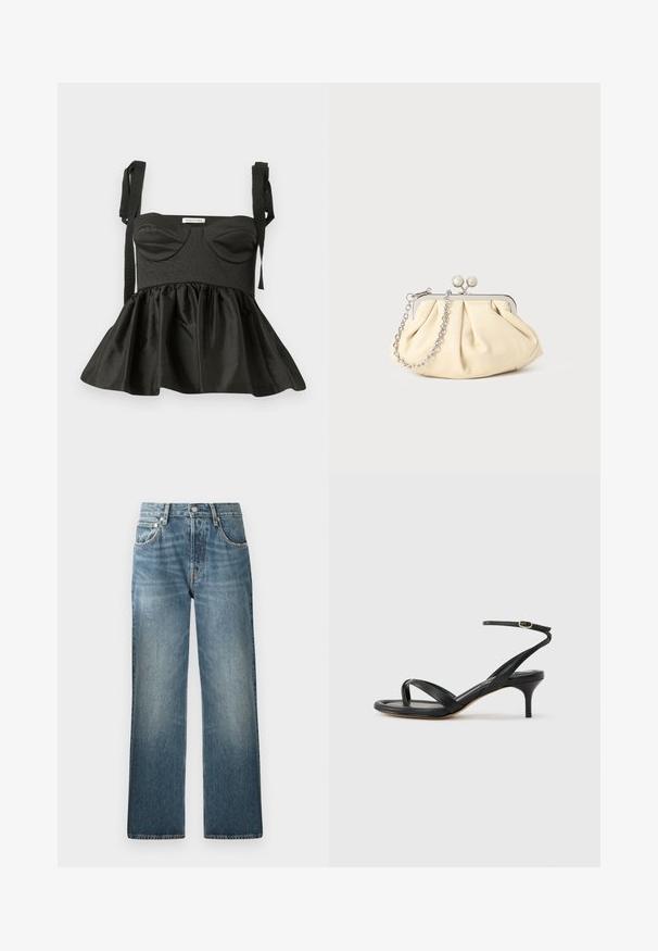 Čierny peplum top so štruktúrovaným telom, výstrihom do srdca, textúrovanou látkou a nastaviteľnými šnúrkami na ramienkach. Rozšírená sukňa pridáva objem.; Modré denimové džínsy so strihom rovného nohavicu, s vysokým pásom, piatimi vreckami a mierne vyblednutým, textúrovaným povrchom.; Čierne kožené sandále pre ženy s tenkými remienkami, očkom na palec, prackou na členku a stredne vysokým ihličkovým podpätkom na neutrálom pozadí.; Zhlý béžový kožený klobúk so strieborným kovovým rámom, ktorý má dve okrúhle dekoratívne zámky a strieborný reťazový popruh.