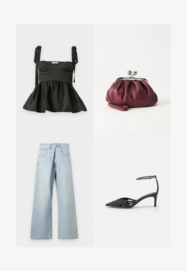 Čierny peplum top so štruktúrovaným telom, výstrihom do srdca, textúrovanou látkou a nastaviteľnými šnúrkami na ramienkach. Rozšírená sukňa pridáva objem.; Svetlomodré široké rifle s pútkami na opasok a prednými vreckami, zobrazené spre predok na jednofarebnom pozadí.; Čierna kožená topánka na vysokom opätku s špicatou špičkou, otvorenými stranami a tenkým remienkom okolo členka so zlatým kovovým detailom.; Malá bordová kožená kabelka so strieborným kovovým zapínaním a remienkom na zápästie na bielom pozadí.