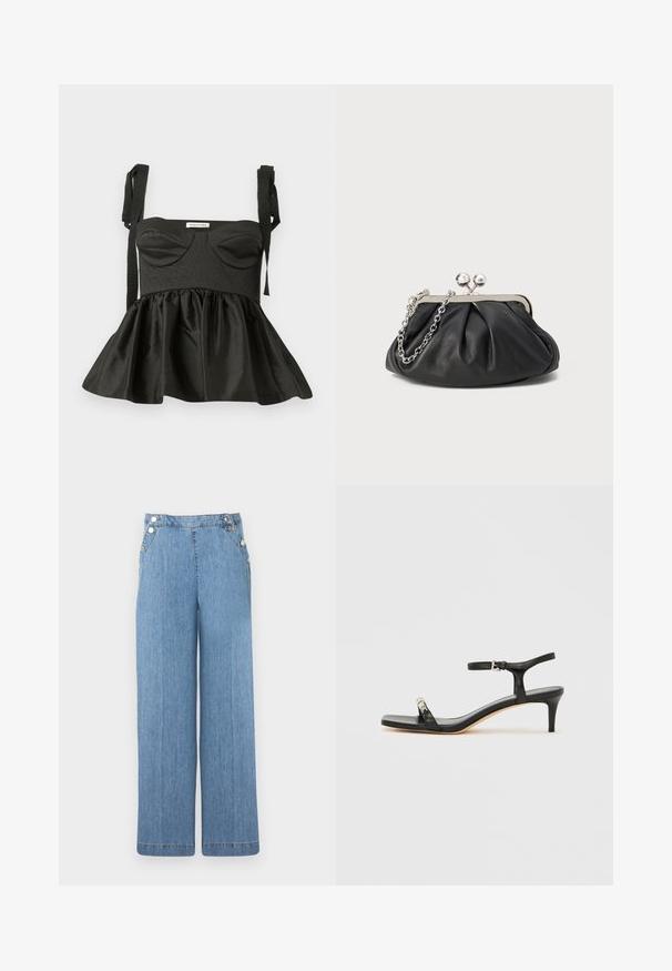 Top peplum noir avec un corsage structuré, décolleté en cœur, tissu texturé et bretelles à nouer ajustables. Jupe évasée ajoutant du volume.; Pantalon en denim bleu clair à jambes larges, taille haute, avec des boutons argentés sur les côtés et les poches avant.; Sandale noire en cuir à talon avec bride à la cheville, bout ouvert, devant carré et accent en métal argenté. Design ajusté avec un profil élégant.; Porte-monnaie en cuir noir avec texture froncée, cadre en métal argenté, fermeture à verrouillage kiss-lock et bandoulière en chaîne. Surface lisse et douce.