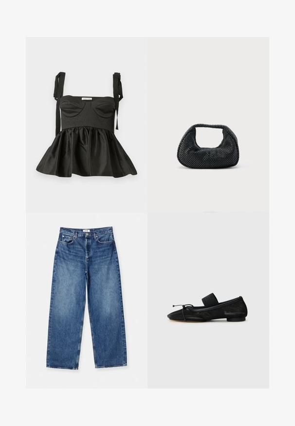 Must valge peplum top, millel on struktureeritud rinnaosa, südamekujuline kaelus, tekstuurne kangas ja reguleeritavad sidumisrihmad. Laienev seelik lisab volüümi.; Heledad sinine laiad teksad, mis on valmistatud denimist, sisaldavad klassikalist viit taskut, nähtavat õmblust ja keskmise kõrgusega vööd.; Mustad musta kinga terava esiosaga, valmistatud tekstureeritud kangast, millel on paeltegu ning väike ümar konts. Ace ankles elastne rihm.; Mustast punutud hobukott pehme struktuuri ja integreeritud sangaga, esitatud lihtsal heledal taustal.