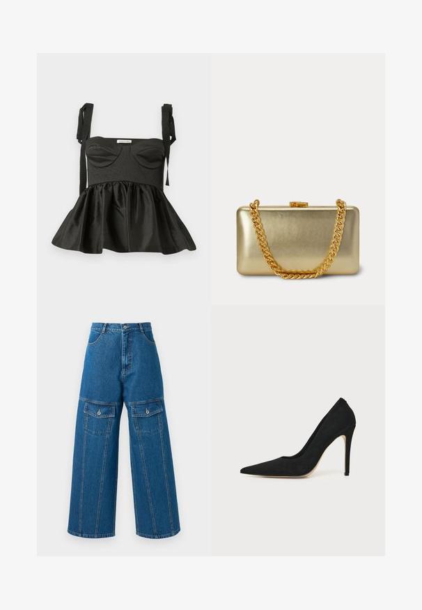 Top peplum noir avec un corsage structuré, décolleté en cœur, tissu texturé et bretelles à nouer ajustables. Jupe évasée ajoutant du volume.; Pantalon en denim à jambes larges de couleur bleu clair, avec une taille haute, des coutures visibles et deux poches à rabat boutonnées de chaque côté.; Escarpin stiletto noir à talon haut avec bout pointu et texture lisse, présenté de profil sur un fond clair uni.; Pochette rectangulaire brillante dorée avec une chaîne dorée et un petit fermoir en haut sur un fond clair.