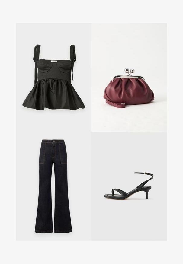 Top peplum noir avec un corsage structuré, décolleté en cœur, tissu texturé et bretelles à nouer ajustables. Jupe évasée ajoutant du volume.; Jean en denim foncé évasé avec taille haute, présentant des surpiqûres orange et deux poches avant. Texture lisse, finition soignée, design classique.; Sandale pour femme en cuir noir avec fines lanières, une boucle d'orteil, une boucle à la cheville et un talon aiguille de hauteur moyenne sur un fond neutre.; Petit sac pochette en cuir bordeaux avec fermoir métallique argenté et bracelet sur fond blanc.