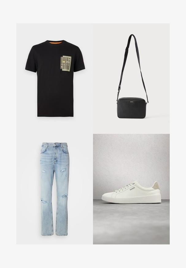Zwarte katoenen t-shirt met een ronde hals en korte mouwen. Beschikt over een groen zakontwerp met bedrukte tekst en patronen.; Licht gewassen denim jeans met een ontspannen pasvorm, voorzien van versleten plekken en rafelige randen. De stof heeft een zachte, gladde textuur.; Witte lage sneaker met veters en beige hielstuk, met het merk "HUGO", zwevend boven een gepolijste betonnen vloer in de buurt van een wand van glasblokken.; Zwarte rechthoekige crossbodytas met verstelbare band en BOSS-logo aan de voorkant, tegen een effen lichte achtergrond.
