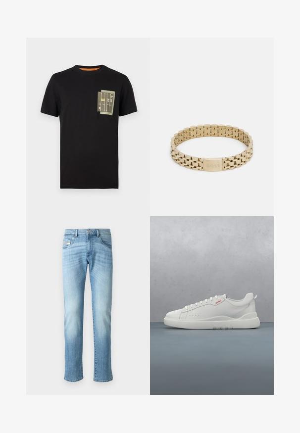 Zwarte katoenen t-shirt met een ronde hals en korte mouwen. Beschikt over een groen zakontwerp met bedrukte tekst en patronen.; Lichtblauwe rechte jeans met vervaagde details, voorknop en vijf-zakken ontwerp tegen een simpele witte achtergrond.; Witte sneaker met een gladde leren afwerking, ronde neus, vier veterogen, subtiele perforaties en een rood logo detail aan de zijkant.; Gouden metalen armband met een schakelontwerp, voorzien van een gladde textuur en een sluiting gegraveerd met "BOSS."