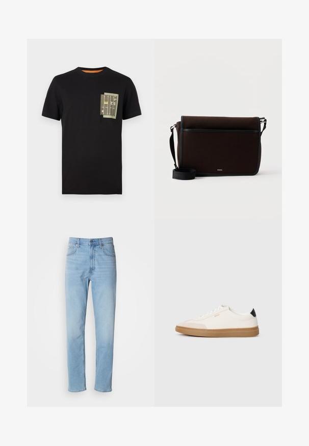 Zwarte katoenen t-shirt met een ronde hals en korte mouwen. Beschikt over een groen zakontwerp met bedrukte tekst en patronen.; Lichtblauwe denim jeans met een rechte pasvorm, vijf zakken en riemlussen. De stof heeft een gladde textuur met een lichte vervaging.; Witte sneakers met beige accenten, bovenwerk van glad leer, ronde neus en rubberen gumzool, met een zwarte hieltab en subtiele branding.; Donkerbruine stoffen boodschappentas met verstelbare zwarte riem en klein zilveren "BOSS"-logo op de voorflap.