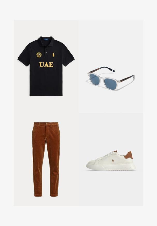 Polo noir avec texte jaune UAE, emblème UAE sur la poitrine gauche et logo joueur de polo Ralph Lauren jaune sur la poitrine droite.; Pantalon slim en velours côtelé marron avec passants pour ceinture, fermeture à bouton et deux poches latérales, présenté sur fond blanc.; Basket basse blanche avec languette marron au talon, fermeture à lacets, semelle épaisse et petit logo cheval brodé sur le côté.; Polo Ralph Lauren 0PH4206 - Lunettes de soleil - shiny/transparent