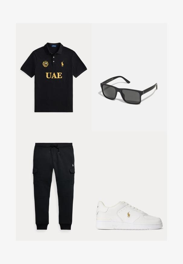 Polo negro con texto amarillo de los EAU, emblema de los EAU en el pecho izquierdo y logo amarillo de jugador de polo Ralph Lauren en el pecho derecho.; Pantalones jogger cargo negros con cintura ajustable con cordón, bolsillos laterales con solapa, puños acanalados y pequeño logo blanco de jugador de polo en el muslo derecho.; Zapatilla blanca de piel de corte bajo con cordones blancos y un logo dorado de Polo Ralph Lauren en el lateral y "Polo" grabado en la suela.; Gafas de sol rectangulares negras con lentes oscuros y acabado mate. Presentan un logotipo "POLO" grabado en las patillas y un diseño de marco resistente.