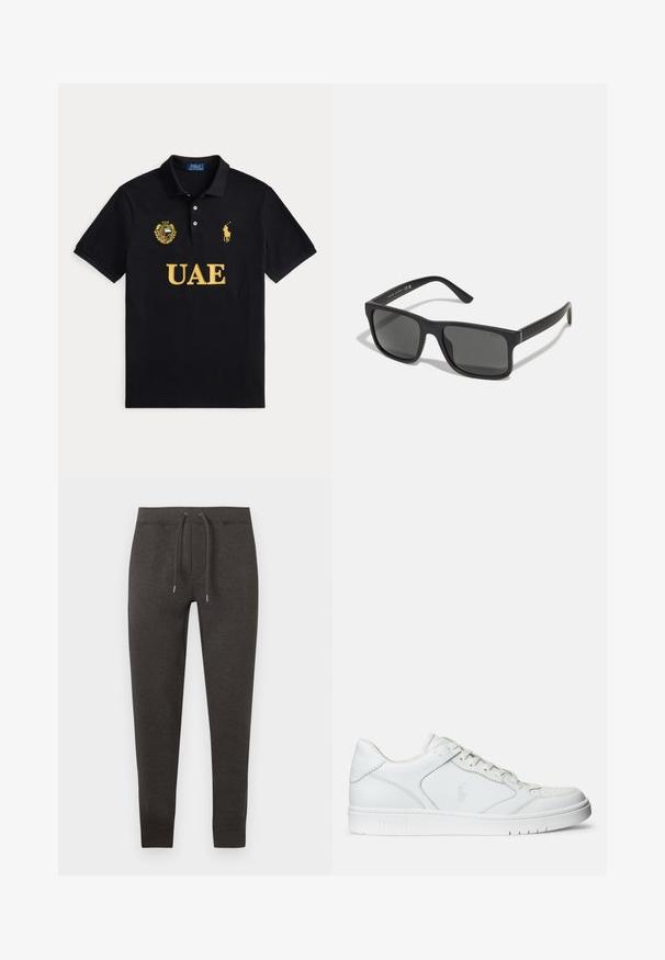 Polo noir avec texte jaune UAE, emblème UAE sur la poitrine gauche et logo joueur de polo Ralph Lauren jaune sur la poitrine droite.; Pantalon de survêtement gris foncé en matière douce, doté d'une ceinture élastique avec cordon de serrage, jambes fuselées et poignets à la cheville.; Baskets en cuir blanc avec une texture lisse, présentant un bout perforé, un système de laçage et un logo brodé sur le côté. Semelle en caoutchouc blanc.; Lunettes de soleil rectangulaires noires avec des verres sombres et une finition mate. Possède un logo "POLO" en relief sur les branches et un design de cadre robuste.