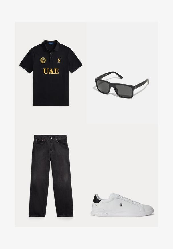Polo noir avec texte jaune UAE, emblème UAE sur la poitrine gauche et logo joueur de polo Ralph Lauren jaune sur la poitrine droite.; Jean droit noir en denim avec cinq poches, fermeture par boutons et rivets métalliques visibles sur les poches avant.; Baskets basses blanches avec languette de talon noire, lacets et logo Polo Ralph Lauren sur le côté, présentant des détails en relief sur la semelle.; Lunettes de soleil rectangulaires noires avec des verres sombres et une finition mate. Possède un logo "POLO" en relief sur les branches et un design de cadre robuste.