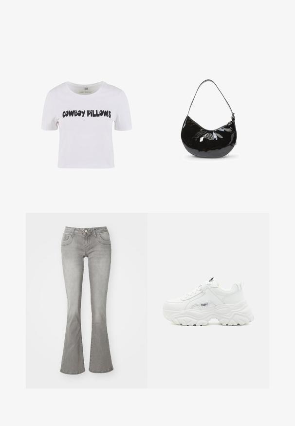 Hvid bomulds t-shirt med kortærmer, der har fed sort tekst "COWBOY PILLOWS" på forsiden. Rund halsudskæring med en klassisk pasform.; Grå flagrende jeans med en middelhøj talje, frontlommer og knaplukning, lavet af denimstof med en glat tekstur.; Hvide chunky sneakers med en glat læderoverdel, rund tå og tyk tekstureret sål med et synligt brandlogo på siden.; Sort patentlæder håndtaske med en buet form, enkelt skulderrem, lynlåslukning og et dekorativt metal logo. Glat tekstur.