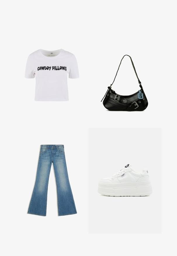 T-shirt en coton blanc à manches courtes arborant un texte noir audacieux "COWBOY PILLOWS" sur le devant. Encolure ronde avec une coupe classique.; Jean en denim bleu avec une jambe évasée, des poches avant et une fermeture à boutons, présenté sur fond blanc.; Baskets plateforme blanches avec un extérieur synthétique lisse, un bout arrondi, un col rembourré et une semelle texturée. Présente une étiquette logo contrastante.; Sac à main synthétique noir avec une forme courbée, une bandoulière réglable et des boucles décoratives en métal. Présente une texture lisse et brillante.